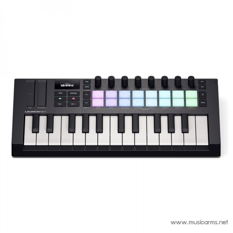 Black Launchkey MIDI keyboard with rainbow-lit pads and knobs on a white background (MusicArms.net watermark). ขายราคาพิเศษ
