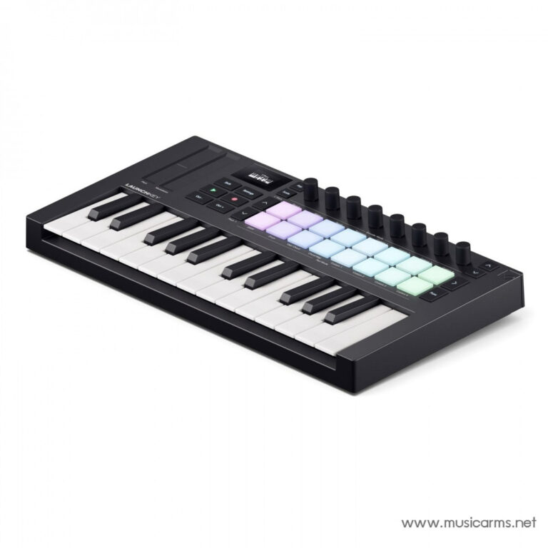 MIDI controller keyboard with colored velocity pads and knobs on a black case, angled view. ขายราคาพิเศษ