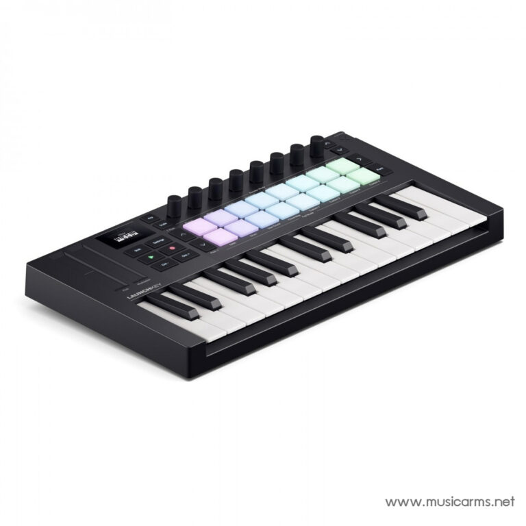 Compact MIDI controller keyboard with colored RGB pads and knobs on a black chassis, angled view (Launchkey brand visible) ขายราคาพิเศษ