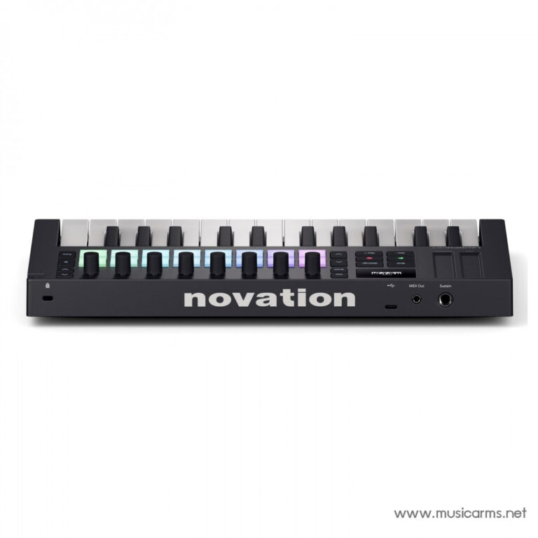Front view of a Novation synthesizer with illuminated color pads and knobs, logo visible on the front panel. ขายราคาพิเศษ