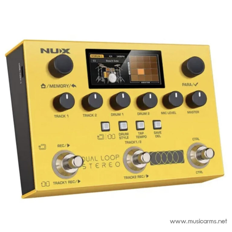 Yellow NUX drum machine with multiple knobs and small screen for drum loops and tracks (informational image). ขายราคาพิเศษ