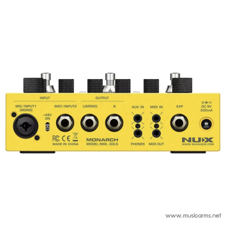Yellow NUX Monarch NML-3DLS rear panel: mic/in, inst/in, L/R outputs, MIDI in/out, AUX and phones, DC power. ขายราคาพิเศษ