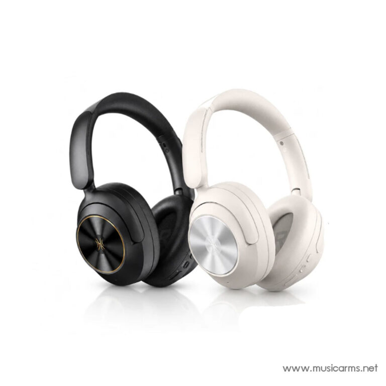 Pair of over-ear wireless headphones in black and beige with padded ear cups and metal rings on the outside. ขายราคาพิเศษ