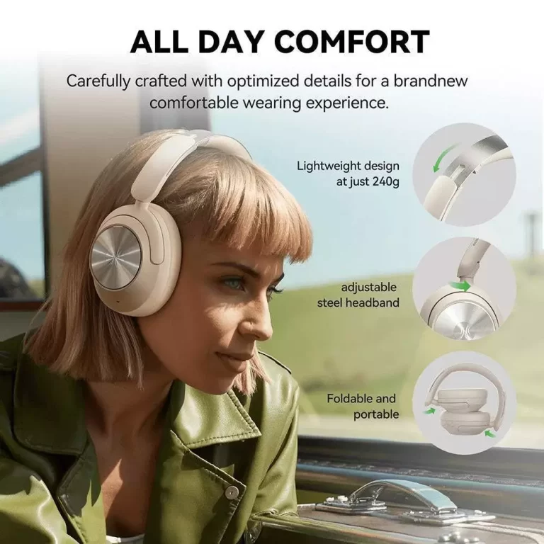 Woman wearing over-ear headphones on a plane, with callouts: lightweight 240g, adjustable steel headband, foldable design for portability. ขายราคาพิเศษ