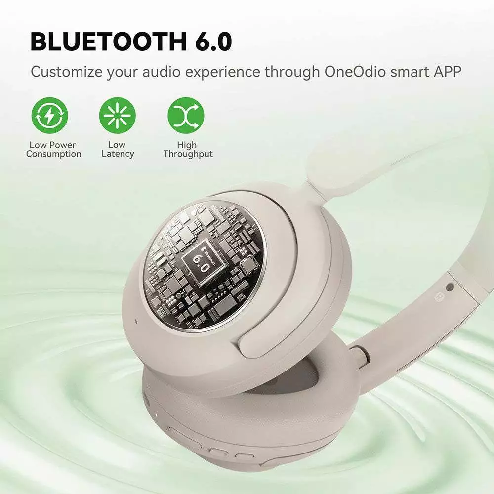 Bluetooth 6.0 headphones with circuit-face on earcup; highlights app control and features: low power consumption, low latency, high throughput/OneOdio app.