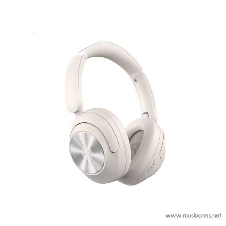 White over-ear headphones with silver brushed-metal ear cups and padded headband ขายราคาพิเศษ