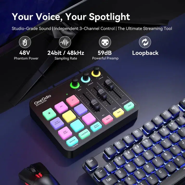 Compact pad-based audio controller beside a keyboard; highlights include 48V phantom power, 24bit/48kHz, 59dB preamp, and loopback. ขายราคาพิเศษ