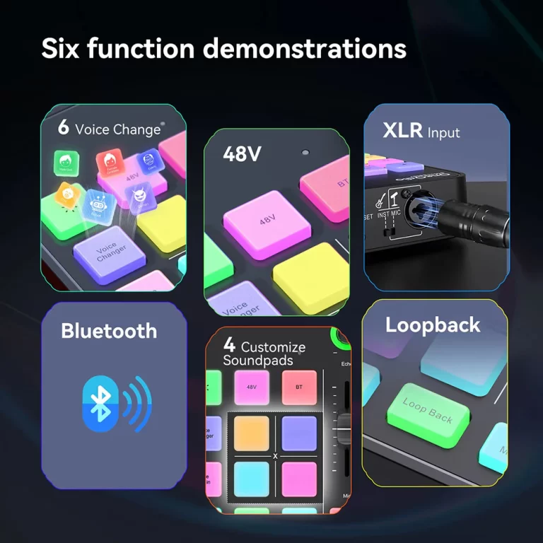 Six function demonstrations: Voice Change, 48V, XLR Input, Bluetooth, Customize Soundpads, and Loopback for a device. ขายราคาพิเศษ