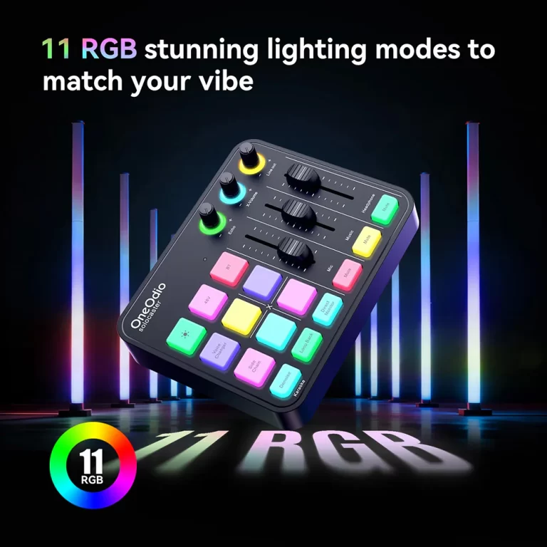 RGB lighting controller with 11 color pads and knobs, angled on stage among vertical neon bars, conveying multiple lighting modes for events. ขายราคาพิเศษ