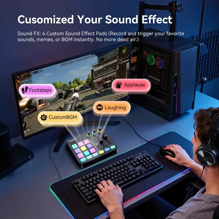 Gamer at a desk with headset and keyboard, overlay showing four sound effects: Footsteps, Applause, Laughing, CustomBGM. ขายราคาพิเศษ