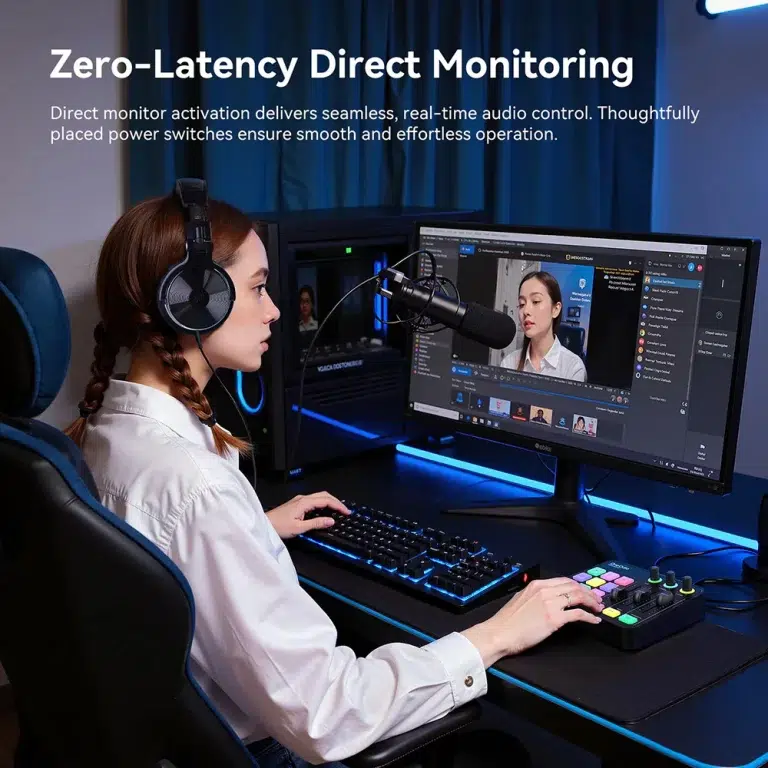 Person wearing headphones sits at a desk with a microphone and audio mixer, editing on a large monitor in a blue-lit studio. ขายราคาพิเศษ