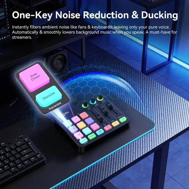 Desk setup with a compact audio controller featuring neon-lit pads (Side Chain, Denoise, Karaoke) beneath a headline: 'One-Key Noise Reduction & Ducking'. ขายราคาพิเศษ