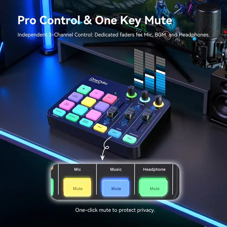 Compact audio controller with three mute buttons labeled Mic, Music, and Headphone, highlighting one-click privacy mute for mic, music, and headphones. ขายราคาพิเศษ