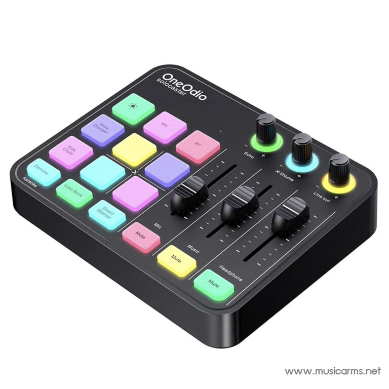 Compact OneOdio portable audio mixer with colorful illuminated pads, three faders, and rotary knobs for volume and effects. ขายราคาพิเศษ