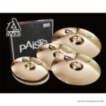 Set of gold Paiste cymbals arranged around a black Paiste box, with the Paiste logo visible on the case and cymbals. ลดราคาพิเศษ