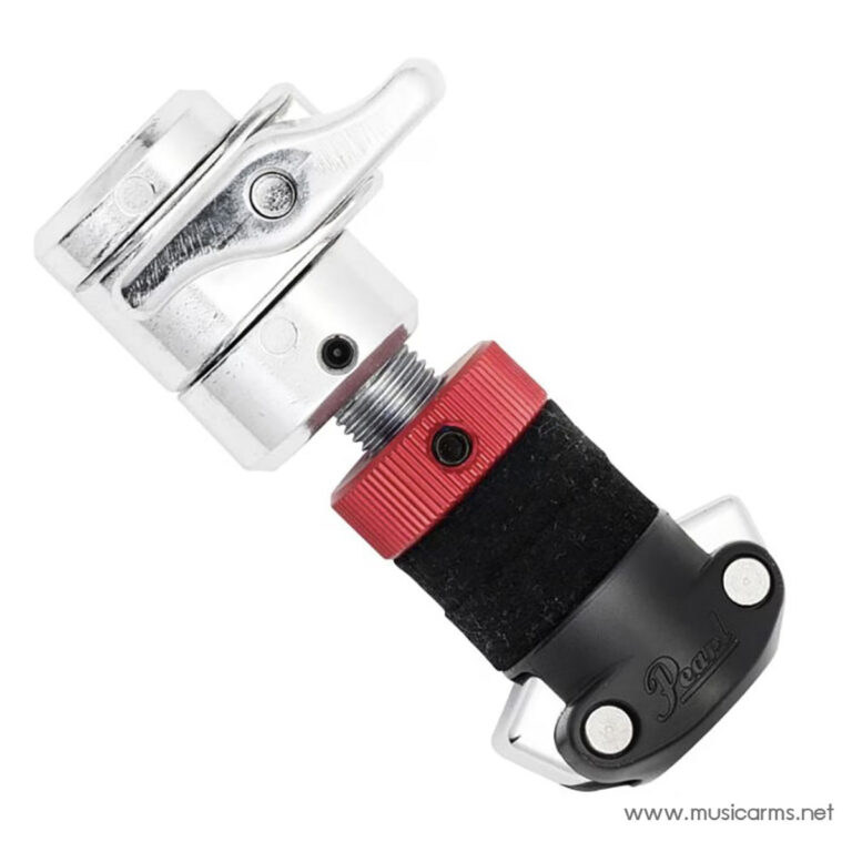 Close-up of a chrome clamp with a red knurled adjustment ring and black padded grip, a clamp-on musical accessory. ขายราคาพิเศษ