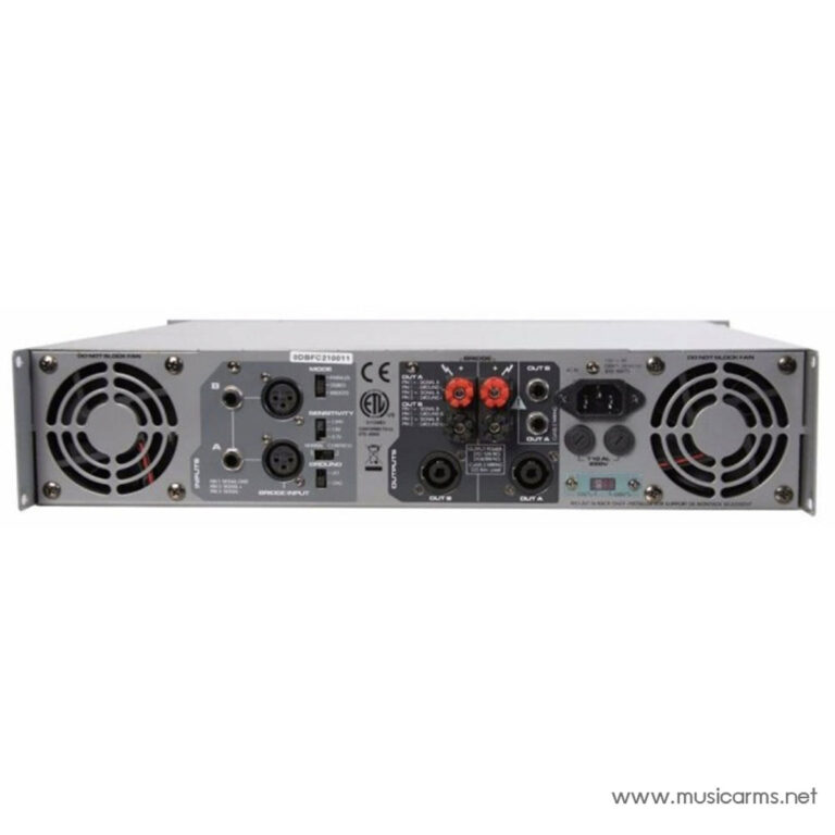 Rear view of a professional audio amplifier showing multiple input/output connectors, power supply, and two large cooling fans on both ends. ขายราคาพิเศษ