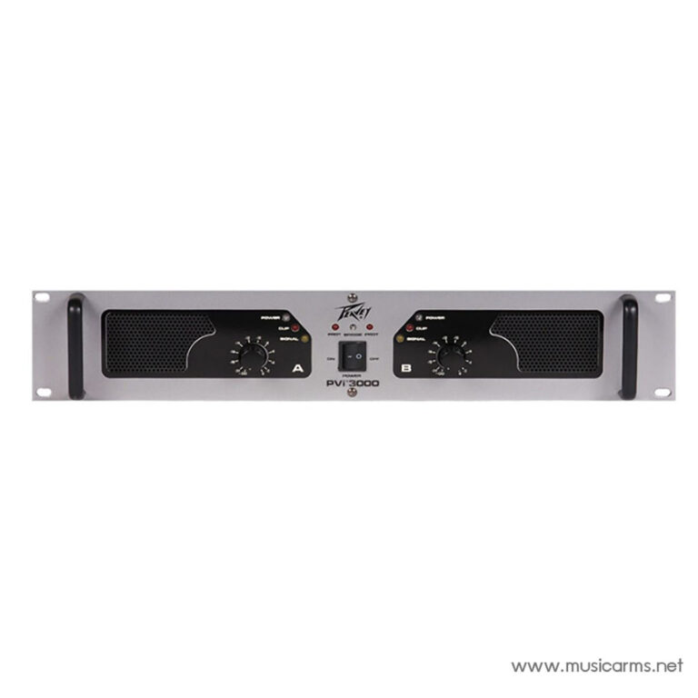 Front view of a dual-channel rack-mount power amplifier with two knobs labeled A and B and status LEDs on a silver panel. ขายราคาพิเศษ