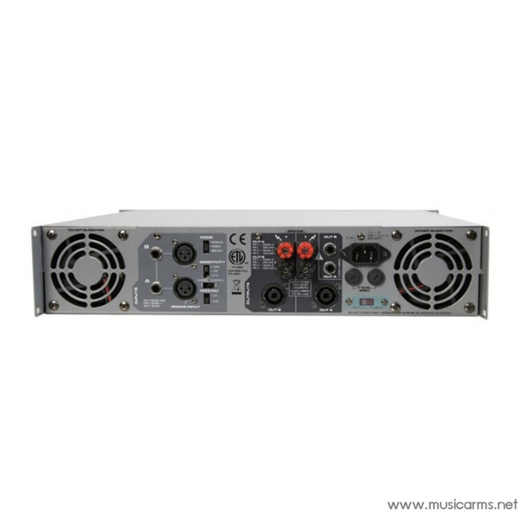Rear panel of a rack-mount audio amplifier with XLR inputs, binding posts, power connector and cooling fans ขายราคาพิเศษ