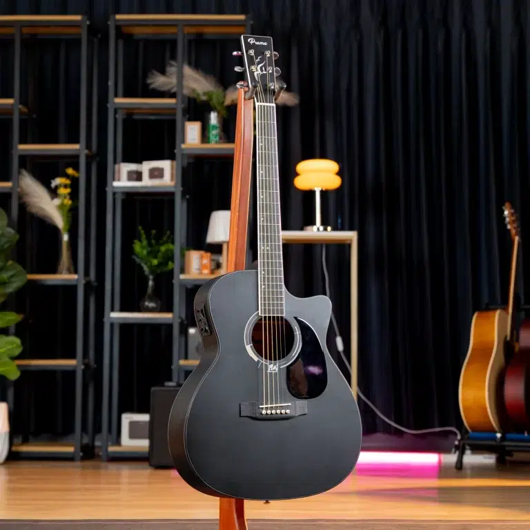 Black acoustic guitar on a wooden stand in a showroom/stage setup with shelves and other instruments in the background. ขายราคาพิเศษ
