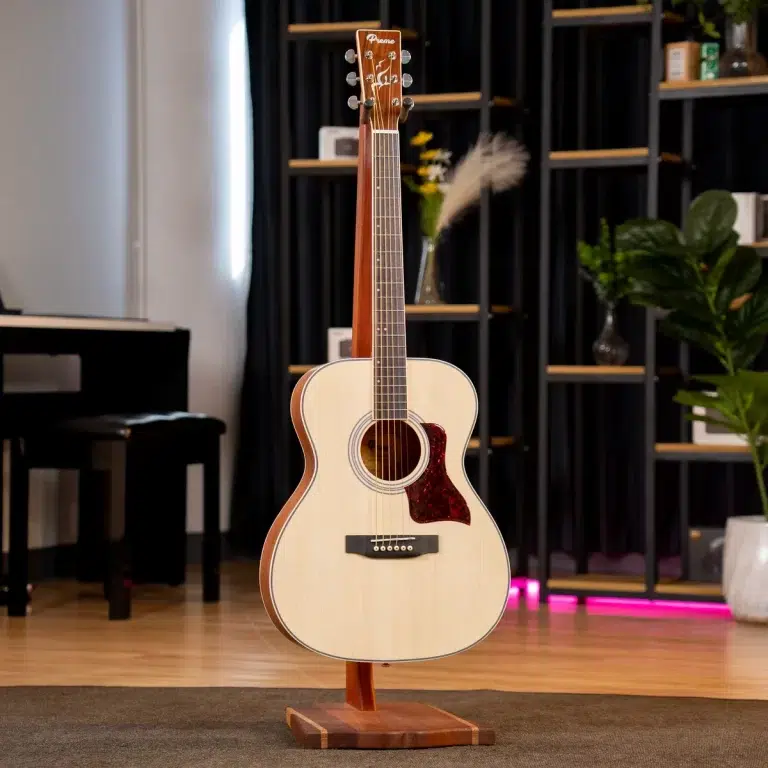 Acoustic guitar on a wooden stand in a showroom with shelves and plants in the background. ขายราคาพิเศษ
