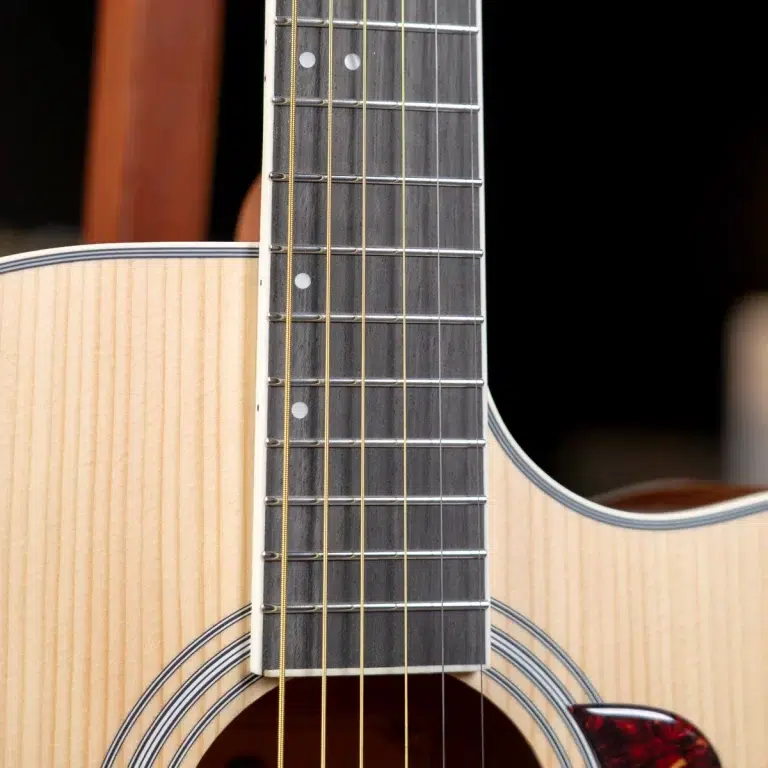 Close-up of an acoustic guitar neck and fretboard with frets, strings, and dot inlays. ขายราคาพิเศษ