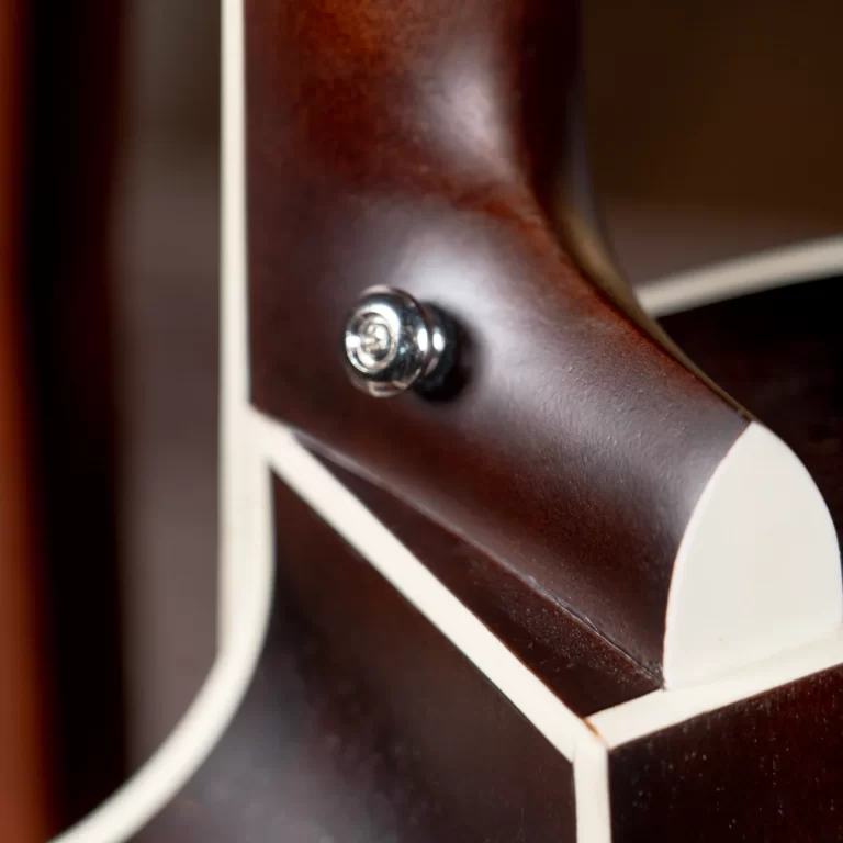 Close-up of a strap button mounted on a brown guitar neck heel near white binding. ขายราคาพิเศษ