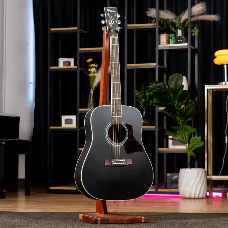 Black acoustic guitar on a wooden stand in a modern showroom with shelves and plants in the background, ขายราคาพิเศษ