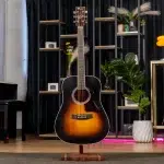 Sunburst acoustic guitar on a stand in a stylish showroom with shelves and plants in the background ขายราคาพิเศษ