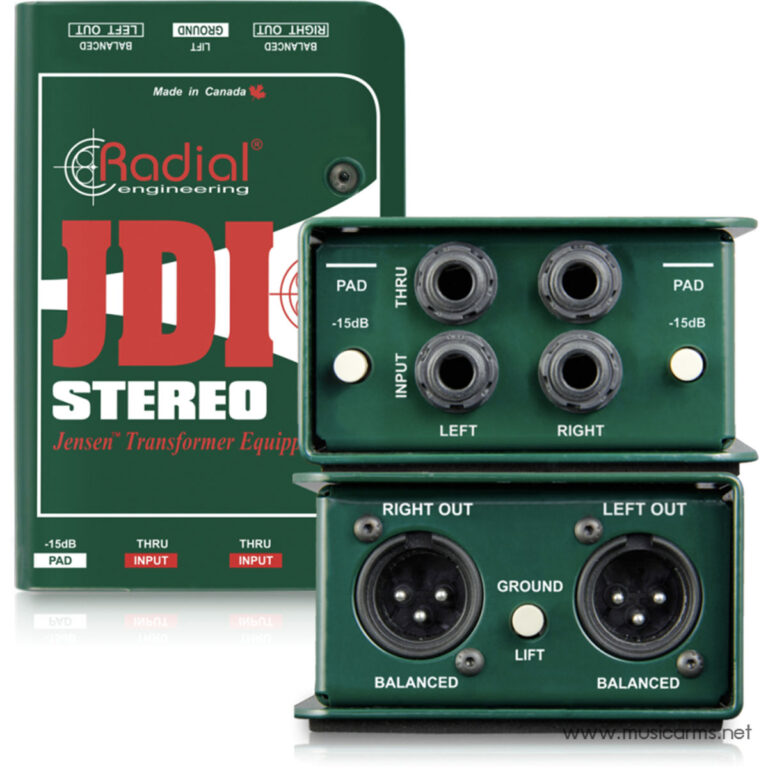 Green Radial Engineering JDI Stereo DI box with left/right balanced XLR outputs and pad/thru inputs shown on the front panel. ขายราคาพิเศษ