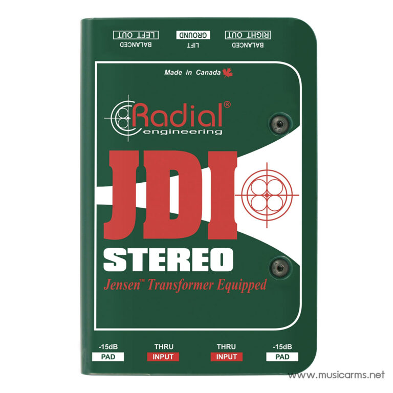 Radial JDI Stereo DI box packaging in green with bold red 'JDI' lettering and 'STEREO' text, Jensen transformer equipped (product photo) ขายราคาพิเศษ