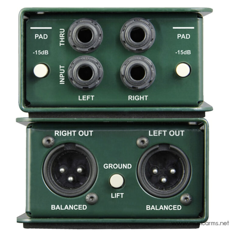 Two green multi-channel audio interface with four circular connectors on top (LEFT/RIGHT) and two balanced XLR outputs on bottom labeled RIGHT OUT and LEFT OUT, plus ground/balance indicators. ขายราคาพิเศษ
