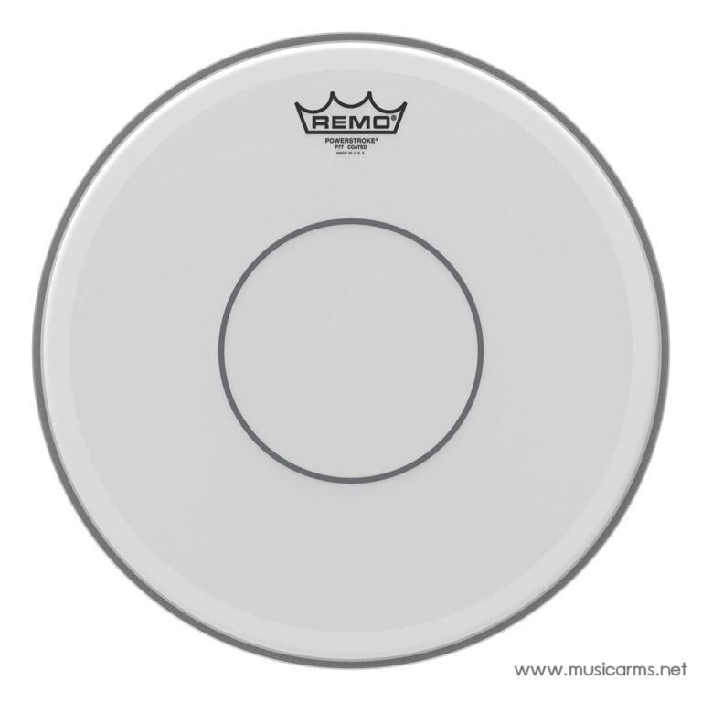 Front view of a gray Remo PowerStroke drum head with a central ring and brand logo at the top edge. ขายราคาพิเศษ