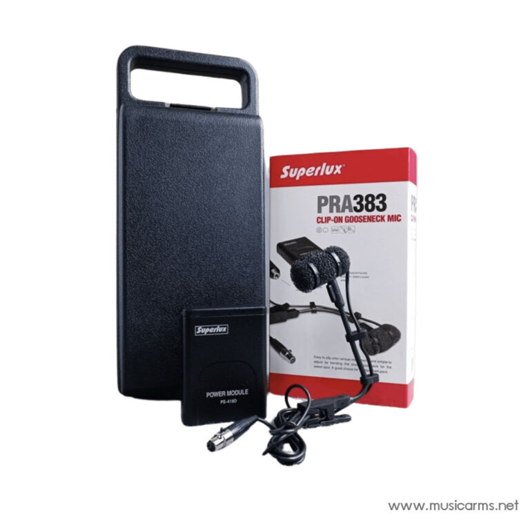 Clip-on gooseneck microphone kit with power module and case beside its packaging box (Superlux PRA383). ขายราคาพิเศษ