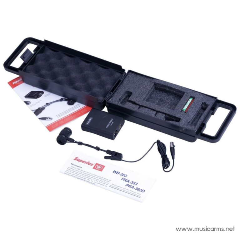 Open hard-shell case with foam inserts containing a lavalier microphone kit (microphone, wireless receiver, batteries, cables) and manual laid out nearby ขายราคาพิเศษ