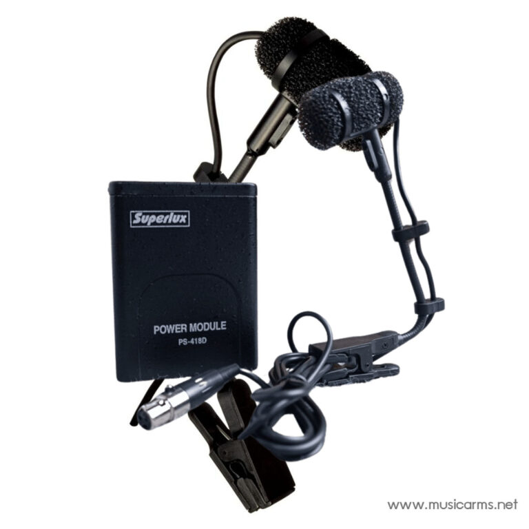 Dual gooseneck microphone set with a black power module labeled 'Superlux PS-418D'. ขายราคาพิเศษ