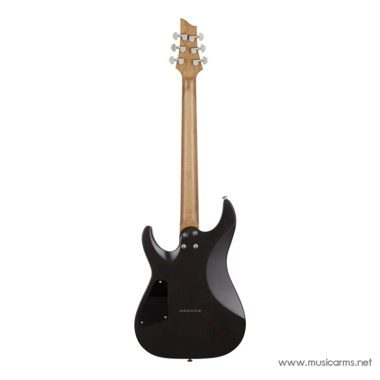 Back view of a black solid-body electric guitar showing the neck and rear control plate ขายราคาพิเศษ