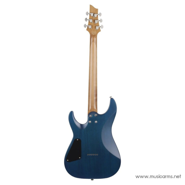 Back view of a blue electric guitar with a natural wood neck and a black rear control plate cover on a white background. ขายราคาพิเศษ