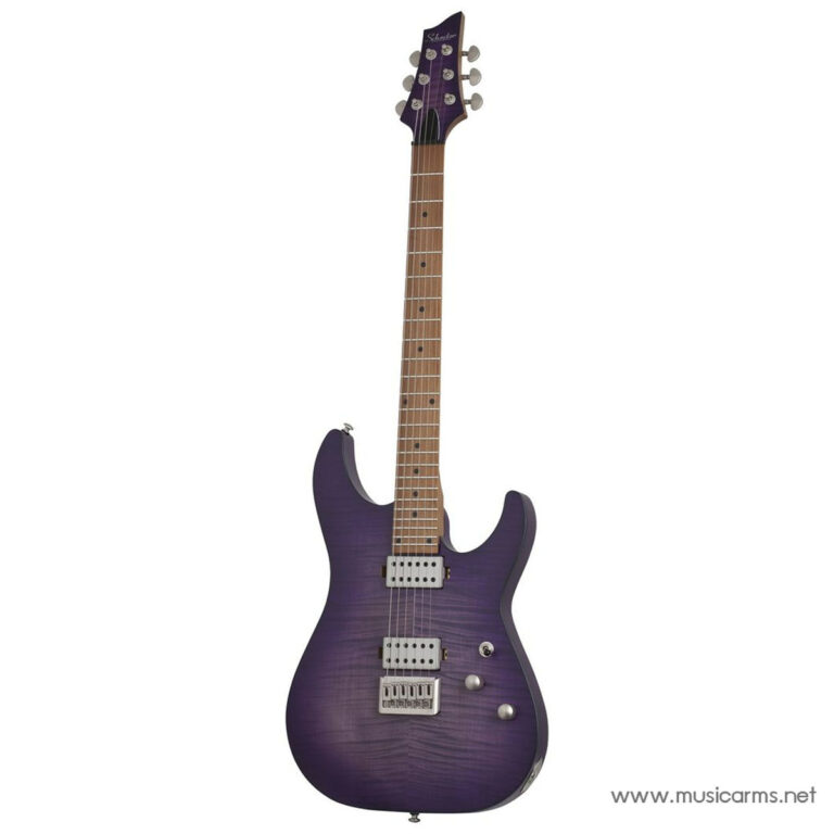Purple Schecter electric guitar with a quilted flame maple top, dual humbucker pickups, and a tremolo bridge ขายราคาพิเศษ