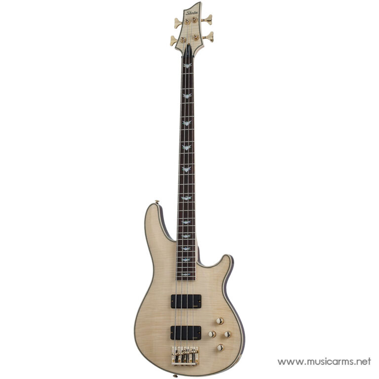Natural wood electric bass guitar with maple top, pearl inlays on the fretboard, two black pickups, and gold hardware against a white background (website watermark on lower right). ขายราคาพิเศษ