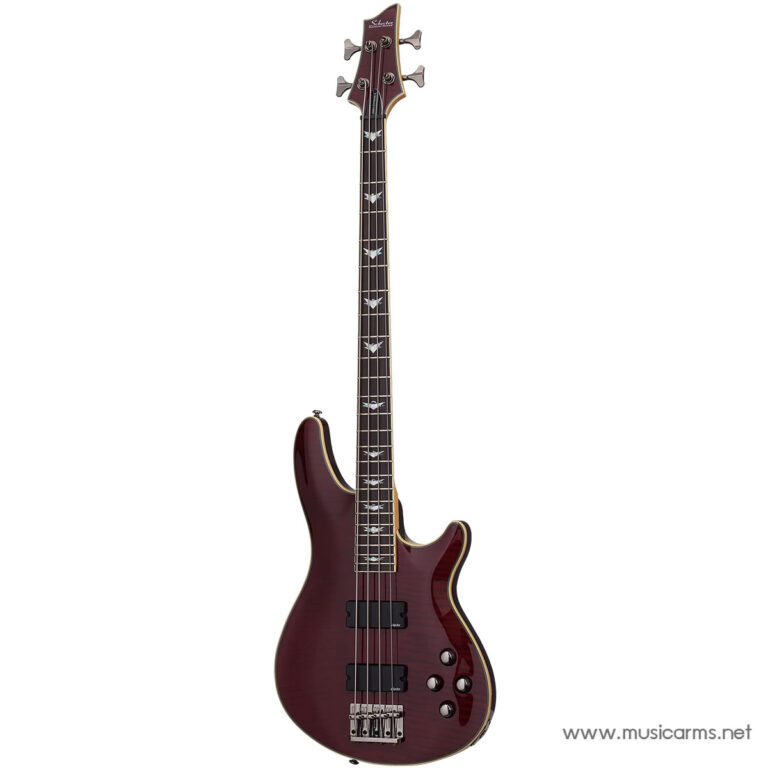 Maroon electric bass guitar with bird inlays on the fretboard, chrome hardware, and four-knob control layout on a white background. ขายราคาพิเศษ