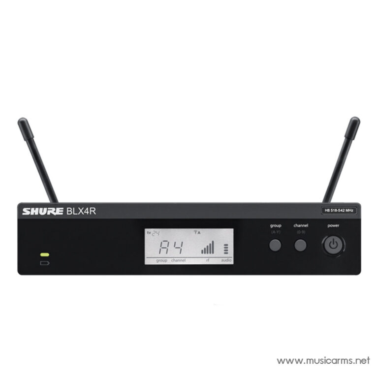 Shure BLX4R wireless receiver with two external antennas and a front LCD display showing channel A4 and group settings ขายราคาพิเศษ