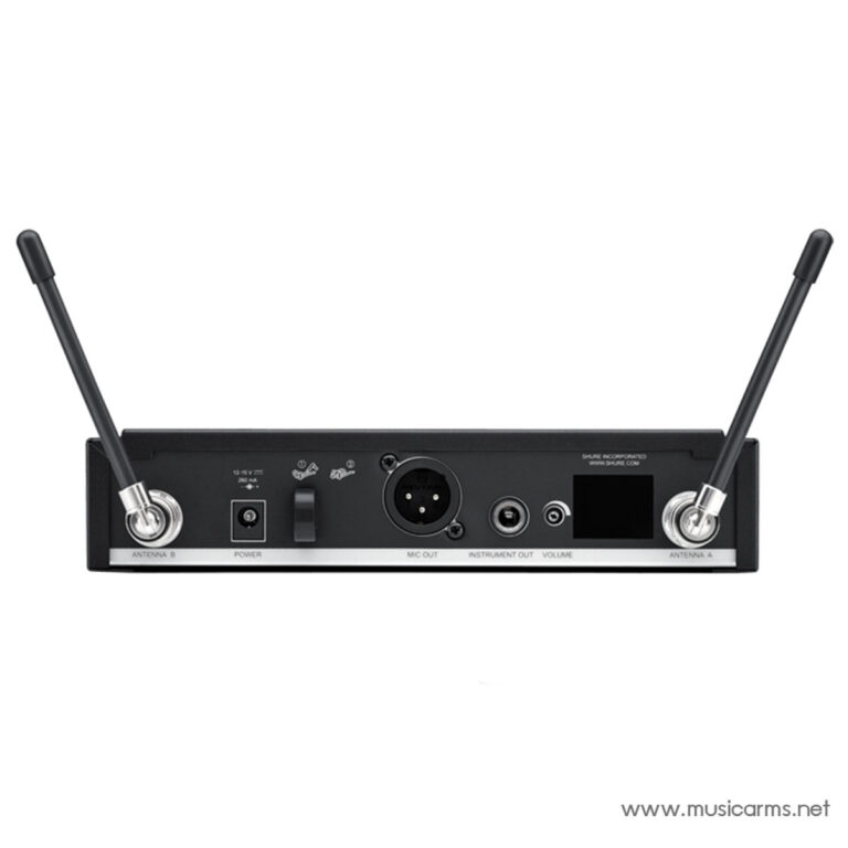 Rear view of a wireless audio receiver with two antennas, showing power switch, XLR mic input, instrument out, and volume controls ขายราคาพิเศษ