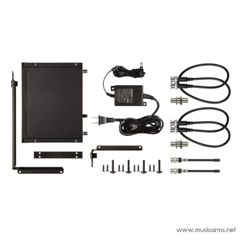 Component kit for mounting a device: includes a black rectangular enclosure, mounting rails, power adapter, cables with connectors, and assorted screws on a white background. ขายราคาพิเศษ