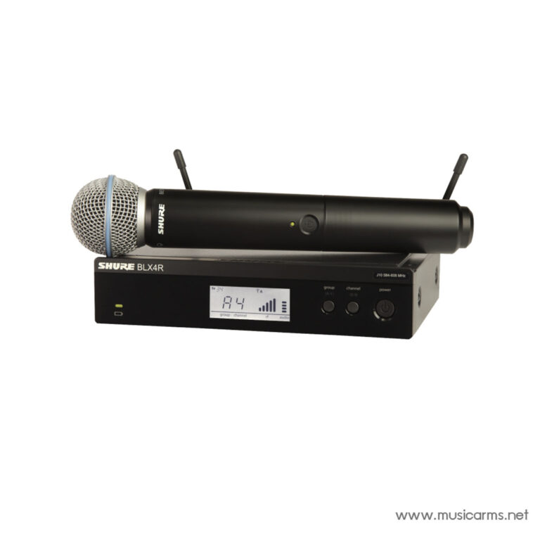 Shure BLX4R wireless microphone system with handheld mic resting on top of the receiver. ขายราคาพิเศษ