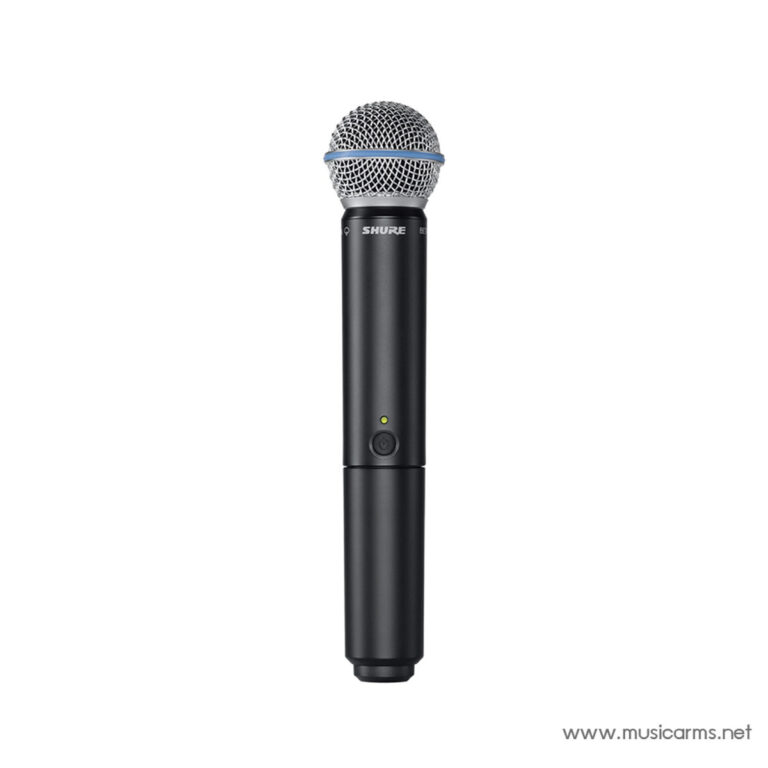 Black handheld wireless microphone with a metal grille and blue band, minimalist white background; Shure logo visible on the body. ขายราคาพิเศษ