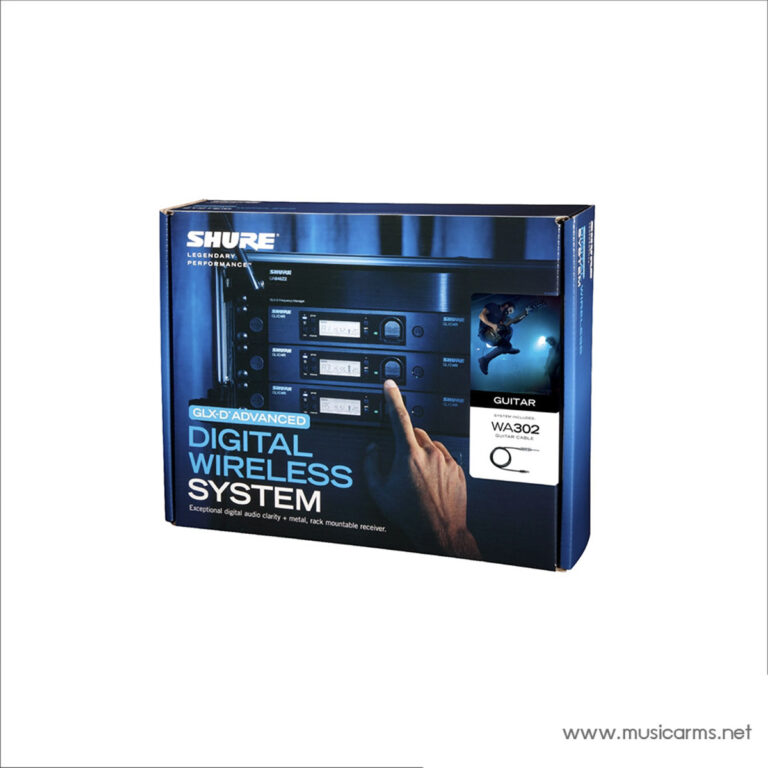 Shure digital wireless system guitar package on a blue box with guitar imagery and product labels like WA302 and GUITAR (packaging) ขายราคาพิเศษ