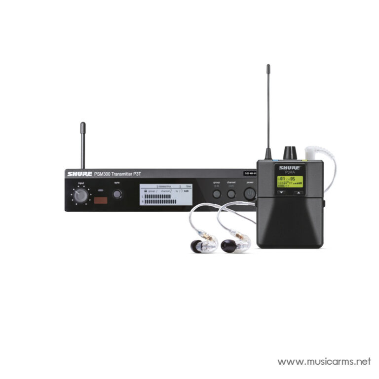 Shure PSM300 wireless in-ear monitor transmitter with belt-pack receiver and two earpieces on a white background ขายราคาพิเศษ