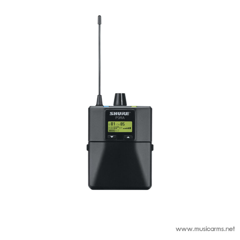 Shure P3RA wireless receiver with extended antenna and small LCD display on a black bodypack unit ขายราคาพิเศษ