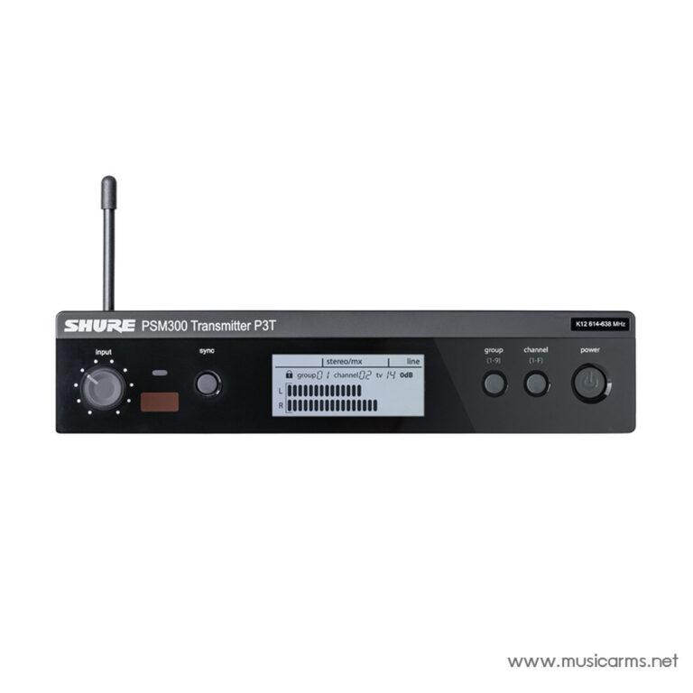 Front view of Shure PSM300 Transmitter P3T wireless audio transmitter with LCD display and control knobs on a black panel. ขายราคาพิเศษ